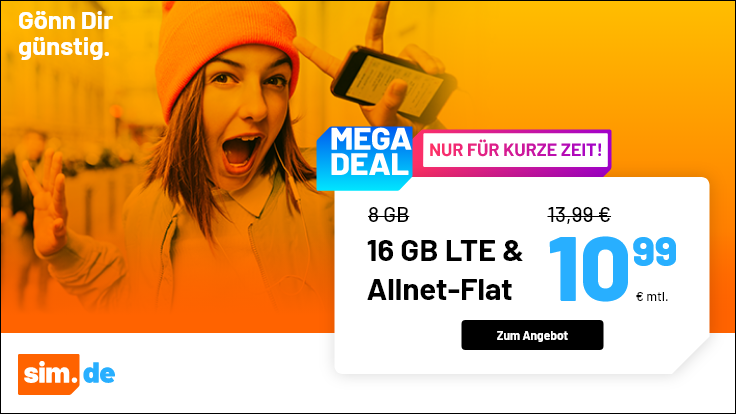 Für nur 10,99 € Monat - sim.de Allnet-Flat und 16 GB LTE mit bis zu 50 Mbit/s